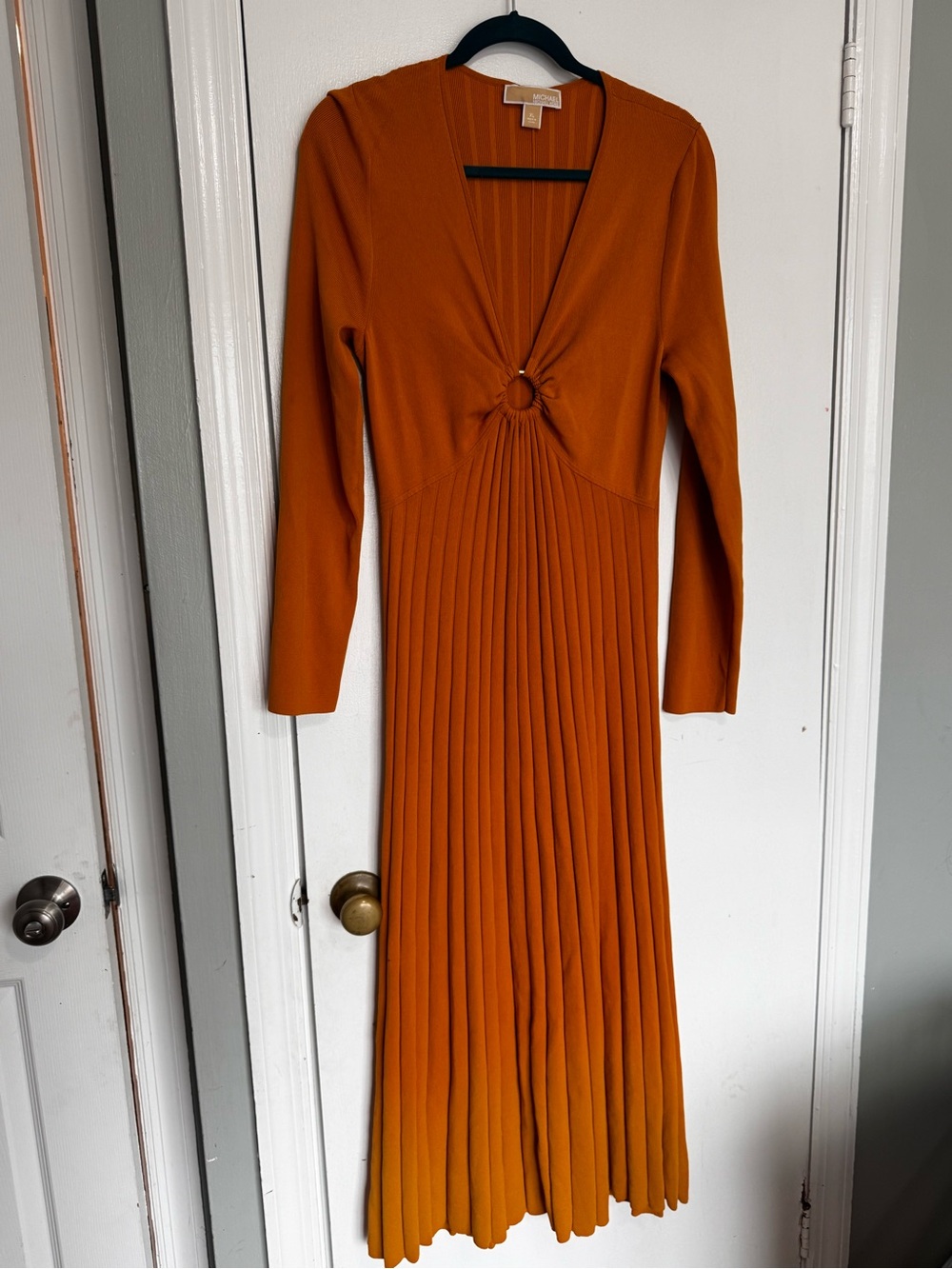 Michael Kors Orange Long-Sleeve Pleated Midi Dress